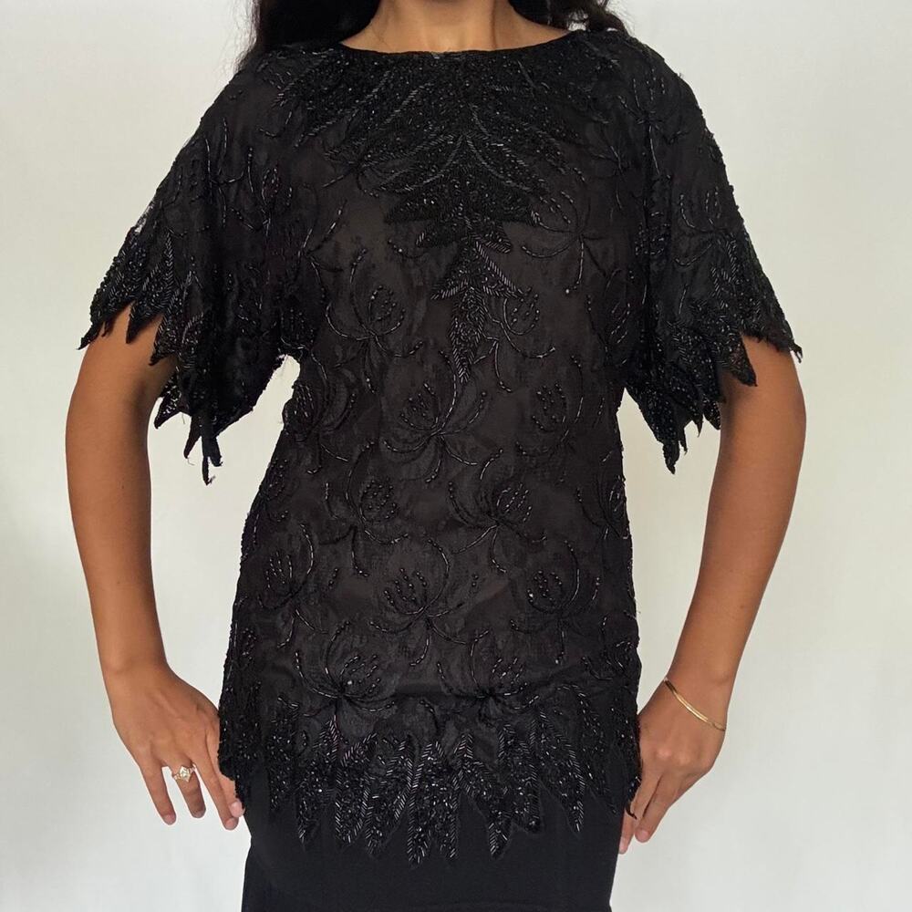 Vintage 80s Beaded Evening Top Whimsygoth Leaf Hem Gunit Fashions Small